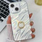 For iPhone 15 Plating Glitter Texture Ring Holder TPU Phone Case with Lens Film(White Water Ripples)