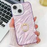 For iPhone 15 Plating Glitter Texture Ring Holder TPU Phone Case with Lens Film(Purple Water Ripples)