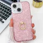 For iPhone 15 Plating Glitter Texture Ring Holder TPU Phone Case with Lens Film(Pink Shell Pattern)