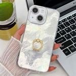 For iPhone 15 Plating Glitter Texture Ring Holder TPU Phone Case with Lens Film(White Tinfoil Texture)