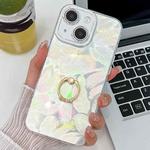 For iPhone 14 Plating Glitter Texture Ring Holder TPU Phone Case with Lens Film(White Feathers)