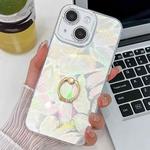 For iPhone 13 Plating Glitter Texture Ring Holder TPU Phone Case with Lens Film(White Feathers)