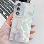 For Samsung Galaxy S25+ 5G Plating Glitter Texture TPU Phone Case with Lens Film(White Feathers)