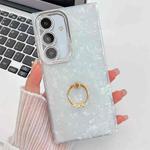 For Samsung Galaxy S24+ 5G Plating Glitter Texture Ring Holder TPU Phone Case with Lens Film(White Shell Pattern)