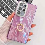 For Samsung Galaxy S23 Ultra 5G Plating Glitter Texture Ring Holder TPU Phone Case with Lens Film(Purple Wrinkles)