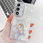 For Samsung Galaxy A36 5G Plating Glitter Texture Ring Holder TPU Phone Case with Lens Film(White Feathers)