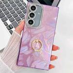 For Samsung Galaxy S25 5G Plating Glitter Texture Ring Holder TPU Phone Case with Lens Film(Purple Feathers)