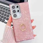 For Samsung Galaxy S25 Ultra 5G Plating Glitter Texture Ring Holder TPU Phone Case with Lens Film(Pink Shell Pattern)