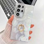 For Samsung Galaxy S25 Ultra 5G Plating Glitter Texture Ring Holder TPU Phone Case with Lens Film(White Feathers)