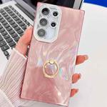 For Samsung Galaxy S25 Ultra 5G Plating Glitter Texture Ring Holder TPU Phone Case with Lens Film(Pink Feather Yarn)