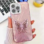 For iPhone 16 Pro Max Plating Glitter Texture Butterfly Holder TPU Phone Case with Lens Film(Pink Feather Yarn)