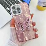 For iPhone 16 Pro Max Plating Glitter Texture Butterfly Holder TPU Phone Case with Lens Film(Pink Wrinkles)