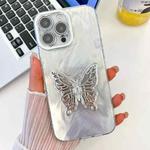 For iPhone 16 Pro Plating Glitter Texture Butterfly Holder TPU Phone Case with Lens Film(White Feather Yarn)