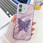 For iPhone 16 Plus Plating Glitter Texture Butterfly Holder TPU Phone Case with Lens Film(Purple Water Ripples)