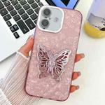 For iPhone 16 Plus Plating Glitter Texture Butterfly Holder TPU Phone Case with Lens Film(Pink Shell Pattern)