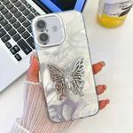 For iPhone 16 Plus Plating Glitter Texture Butterfly Holder TPU Phone Case with Lens Film(White Feathers)