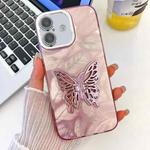 For iPhone 16 Plus Plating Glitter Texture Butterfly Holder TPU Phone Case with Lens Film(Pink Feathers)