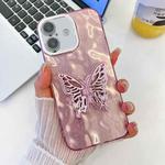 For iPhone 16 Plus Plating Glitter Texture Butterfly Holder TPU Phone Case with Lens Film(Pink Wrinkles)