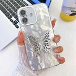 For iPhone 16 Plus Plating Glitter Texture Butterfly Holder TPU Phone Case with Lens Film(White Wrinkles)