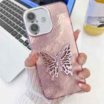 For iPhone 16 Plus Plating Glitter Texture Butterfly Holder TPU Phone Case with Lens Film(Pink Tinfoil Texture)