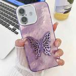 For iPhone 16 Plus Plating Glitter Texture Butterfly Holder TPU Phone Case with Lens Film(Purple Tinfoil Texture)