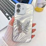 For iPhone 16 Plating Glitter Texture Butterfly Holder TPU Phone Case with Lens Film(White Water Ripples)