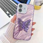 For iPhone 16 Plating Glitter Texture Butterfly Holder TPU Phone Case with Lens Film(Purple Water Ripples)