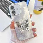 For iPhone 16 Plating Glitter Texture Butterfly Holder TPU Phone Case with Lens Film(White Tinfoil Texture)