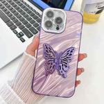 For iPhone 15 Pro Max Plating Glitter Texture Butterfly Holder TPU Phone Case with Lens Film(Purple Water Ripples)