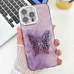 For iPhone 15 Pro Plating Glitter Texture Butterfly Holder TPU Phone Case with Lens Film(Purple Feather Yarn)