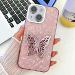 For iPhone 15 Plating Glitter Texture Butterfly Holder TPU Phone Case with Lens Film(Pink Shell Pattern)