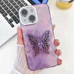 For iPhone 15 Plating Glitter Texture Butterfly Holder TPU Phone Case with Lens Film(Purple Feather Yarn)