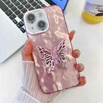 For iPhone 15 Plating Glitter Texture Butterfly Holder TPU Phone Case with Lens Film(Pink Wrinkles)