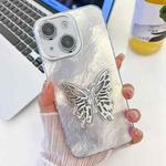 For iPhone 15 Plating Glitter Texture Butterfly Holder TPU Phone Case with Lens Film(White Tinfoil Texture)