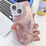 For iPhone 15 Plating Glitter Texture Butterfly Holder TPU Phone Case with Lens Film(Pink Tinfoil Texture)