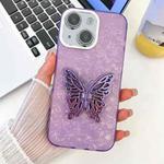 For iPhone 14 Plating Glitter Texture Butterfly Holder TPU Phone Case with Lens Film(Purple Shell Pattern)