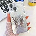 For iPhone 14 Plating Glitter Texture Butterfly Holder TPU Phone Case with Lens Film(White Feather Yarn)