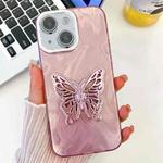 For iPhone 14 Plating Glitter Texture Butterfly Holder TPU Phone Case with Lens Film(Pink Feather Yarn)