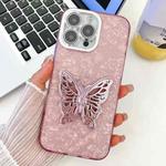 For iPhone 14 Pro Plating Glitter Texture Butterfly Holder TPU Phone Case with Lens Film(Pink Shell Pattern)