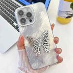 For iPhone 14 Pro Plating Glitter Texture Butterfly Holder TPU Phone Case with Lens Film(White Tinfoil Texture)