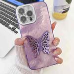 For iPhone 14 Pro Plating Glitter Texture Butterfly Holder TPU Phone Case with Lens Film(Purple Tinfoil Texture)