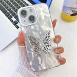 For iPhone 13 Plating Glitter Texture Butterfly Holder TPU Phone Case with Lens Film(White Wrinkles)