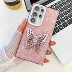 For Samsung Galaxy S24 FE 5G Plating Glitter Texture Butterfly Holder TPU Phone Case with Lens Film(Pink Shell Pattern)