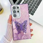 For Samsung Galaxy S24 FE 5G Plating Glitter Texture Butterfly Holder TPU Phone Case with Lens Film(Purple Feathers)