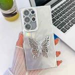 For Samsung Galaxy S24 FE 5G Plating Glitter Texture Butterfly Holder TPU Phone Case with Lens Film(White Feather Yarn)