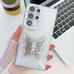 For Samsung Galaxy A55 5G Plating Glitter Texture Butterfly Holder TPU Phone Case with Lens Film(White Shell Pattern)