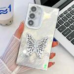 For Samsung Galaxy A35 5G Plating Glitter Texture Butterfly Holder TPU Phone Case with Lens Film(White Tinfoil Texture)