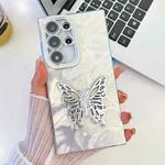 For Samsung Galaxy S24 Ultra 5G Plating Glitter Texture Butterfly Holder TPU Phone Case with Lens Film(White Feathers)