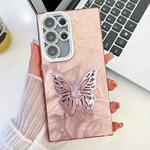 For Samsung Galaxy S24 Ultra 5G Plating Glitter Texture Butterfly Holder TPU Phone Case with Lens Film(Pink Feathers)