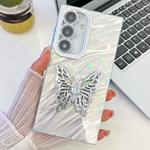 For Samsung Galaxy S24+ 5G Plating Glitter Texture Butterfly Holder TPU Phone Case with Lens Film(White Water Ripples)